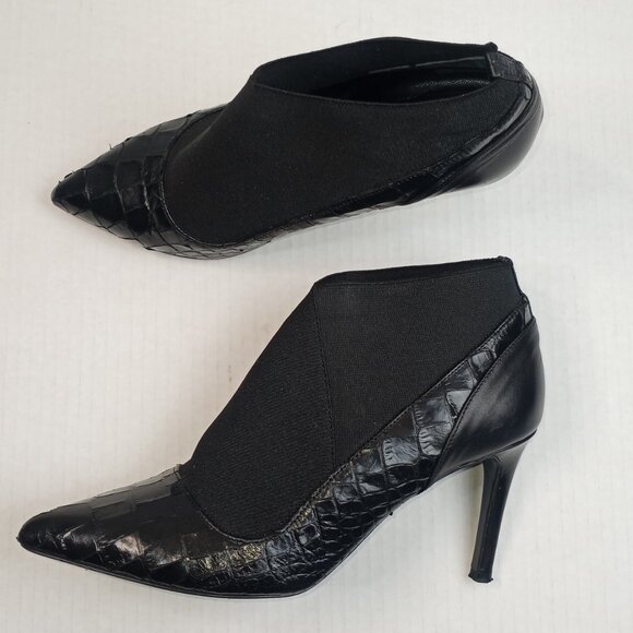 Claudia Ciuti Black Leather Croc Embossed Ankle Boots - Picture 1 of 10